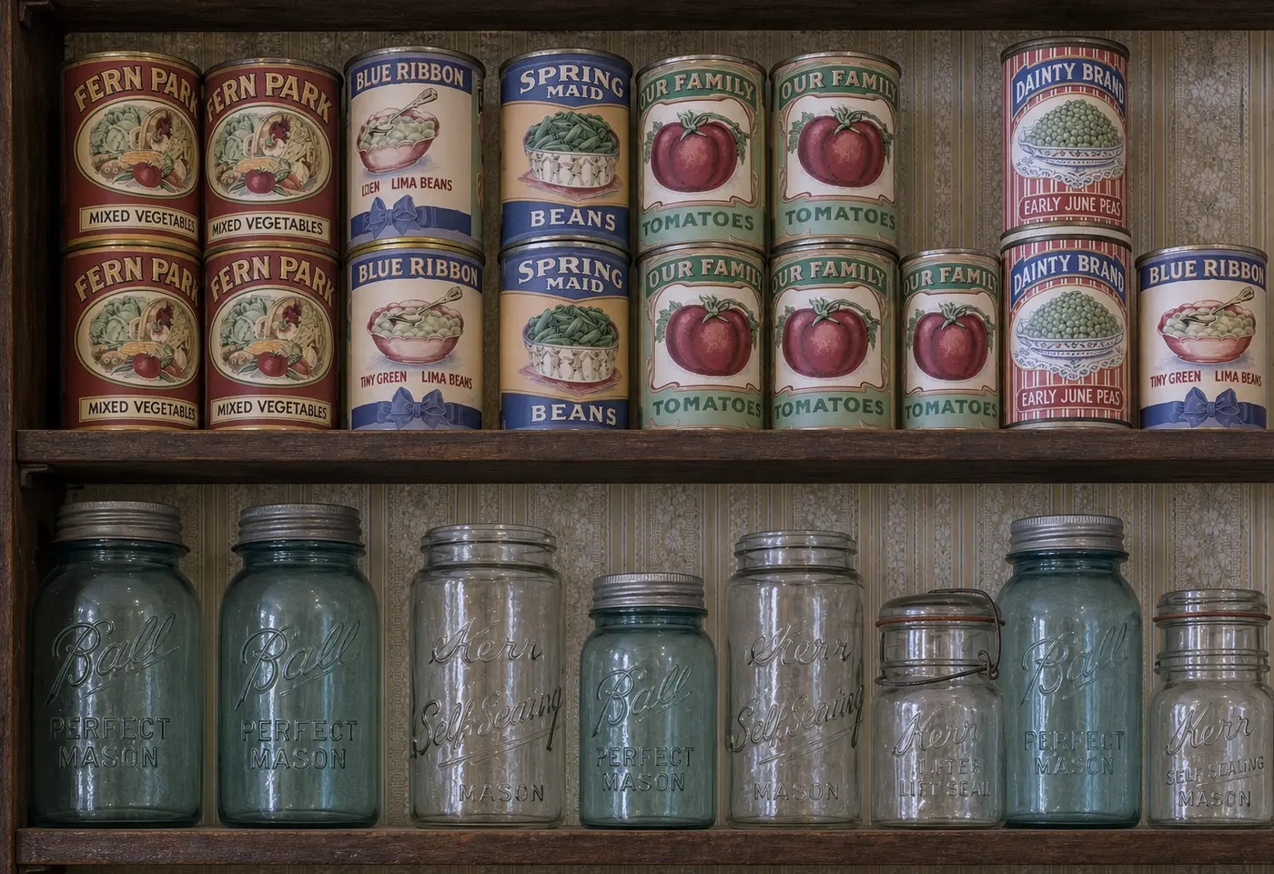Two shelves of a dark wooden store cabinet, seen straight on in flat, even light. The upper shelf holds rows of canned food, their printed paper labels showing tomatoes, peas and beans. The lower shelf holds a row of glass canning jars, clear and pale blue-green, with metal lids and raised lettering in the glass. Striped wallpaper with a small floral pattern shows behind them.