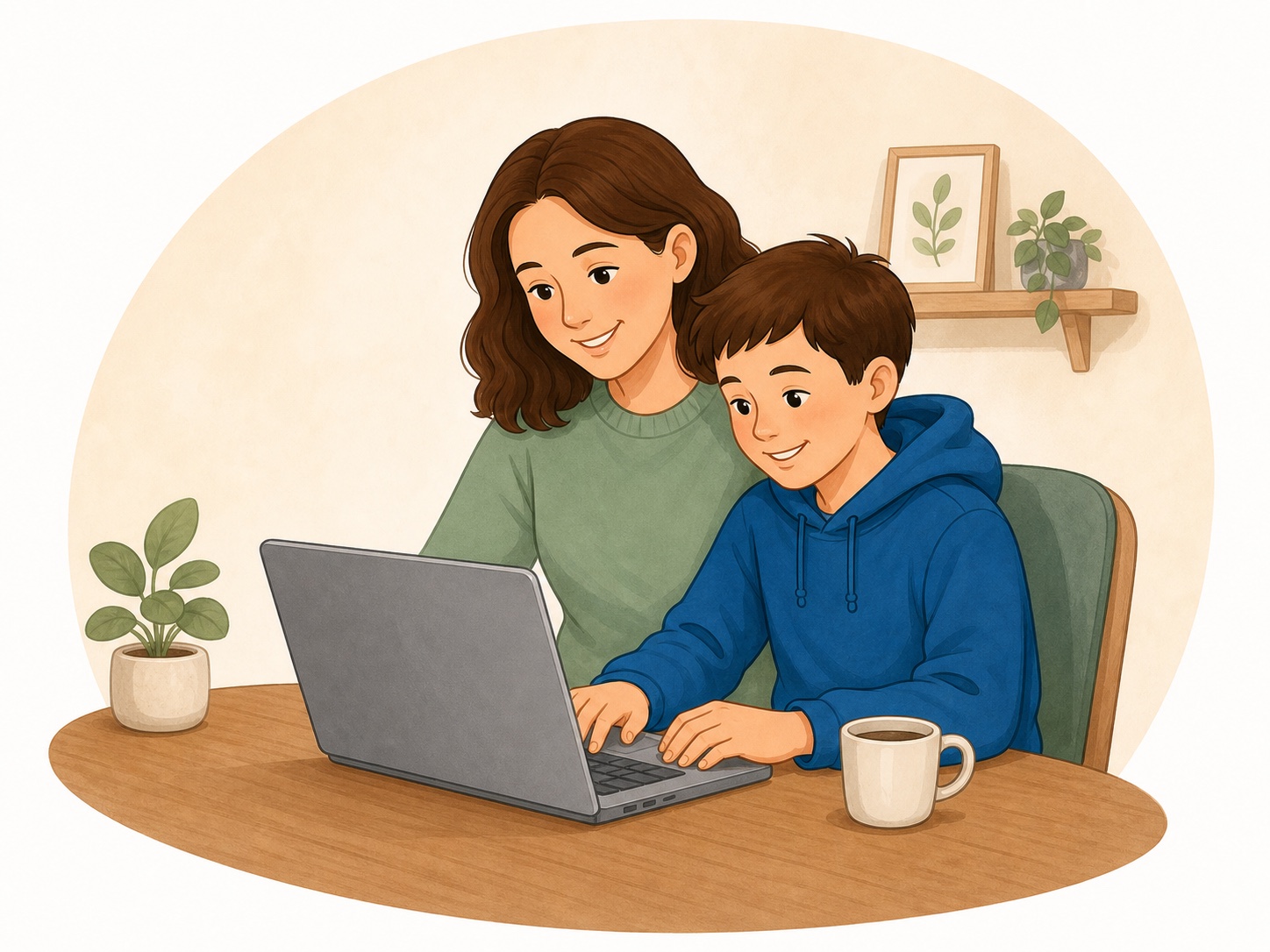 A parent and child learning together on a laptop at home